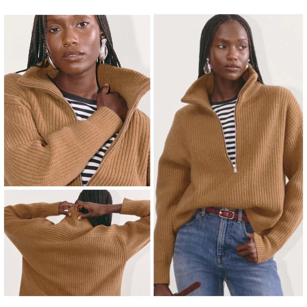 EVERLANE The Half Zip Sweater Luxe Merino Wool Relaxed Fit Camel Size Small $148